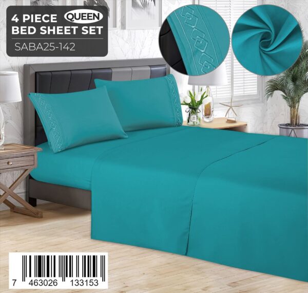 Juego de sábanas lisas de 4 piezas Queen Size con detalle bordado