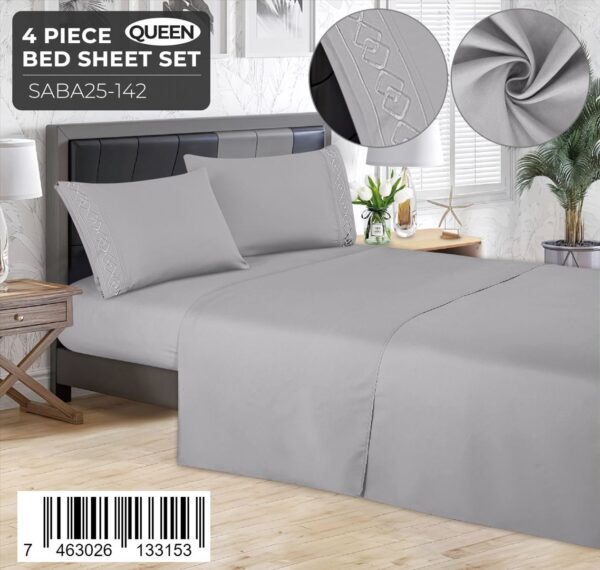 Juego de sábanas lisas de 4 piezas Queen Size con detalle bordado - Imagen 4