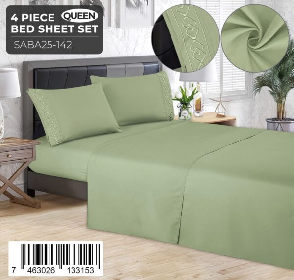 Juego de sábanas lisas de 4 piezas Queen Size con detalle bordado - Imagen 7