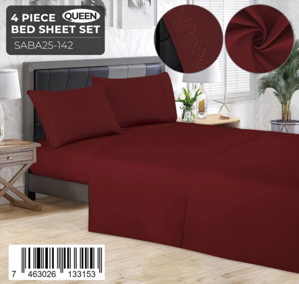 Juego de sábanas lisas de 4 piezas Queen Size con detalle bordado - Imagen 2
