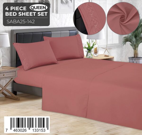 Juego de sábanas lisas de 4 piezas Queen Size con detalle bordado - Imagen 3