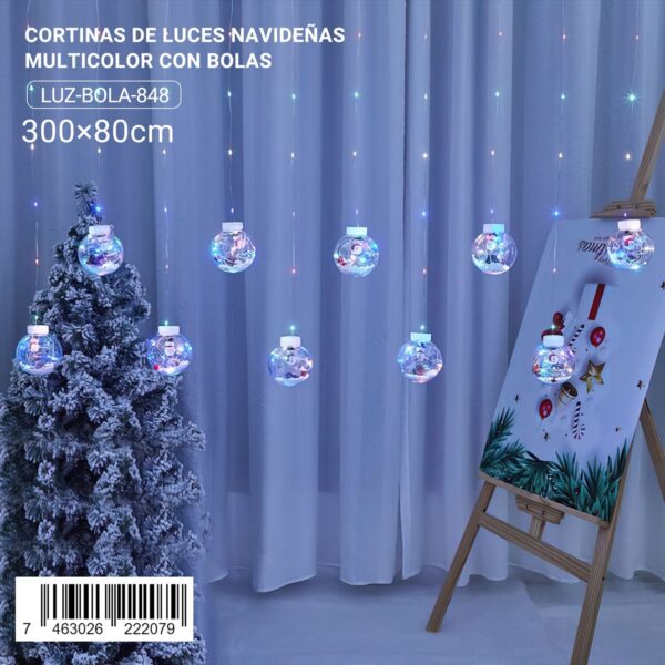 Cortinas de luces navideñas multicolor con esferas